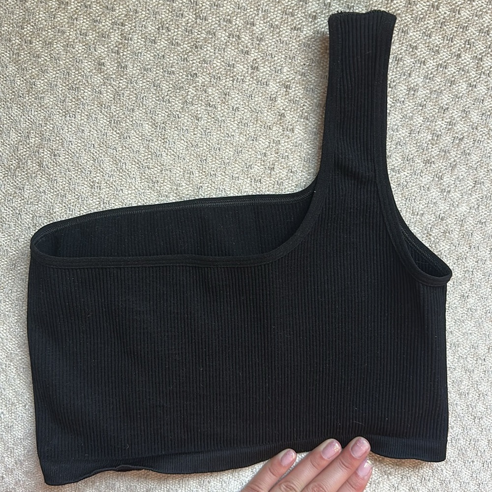 Black Ribbed One-Shoulder Top - Picture 2 of 2